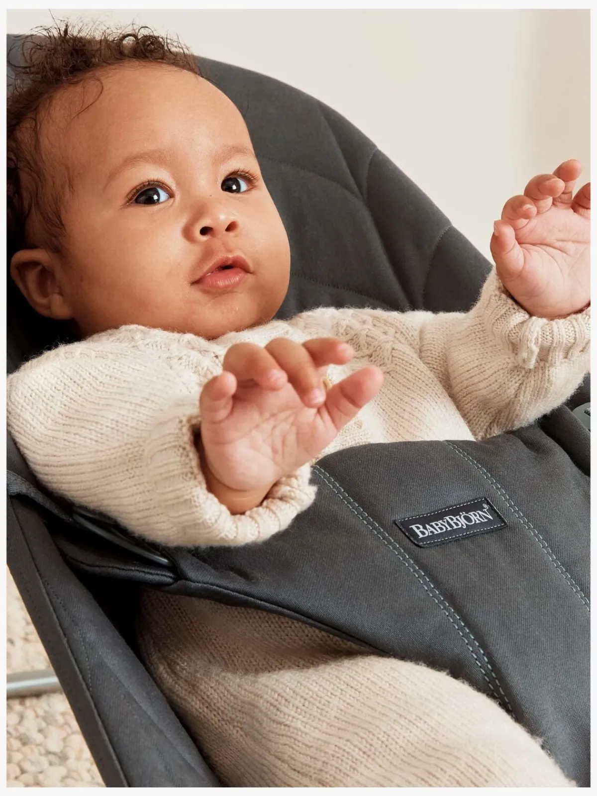 Skråstole & Babygynger|BABYBJORN BabyBjörn Bliss Skråstol Woven Bladmønstret Quilt inkl. Sjove Øjne, Antracitgrå Grå