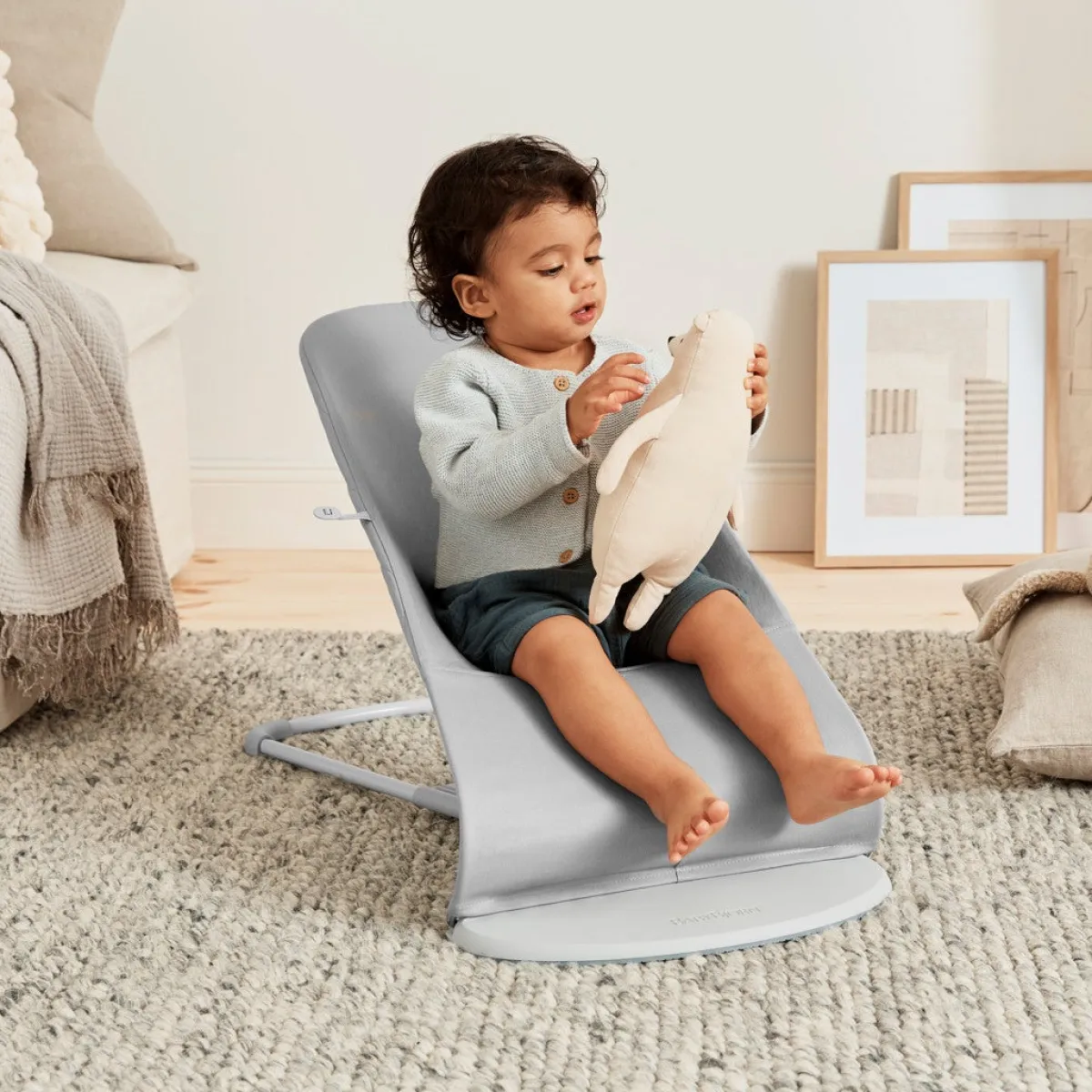 Skråstole & Babygynger|BABYBJORN BabyBjörn Bliss Skråstol Woven Bladmønstret Quilt, Lysegrå Grå