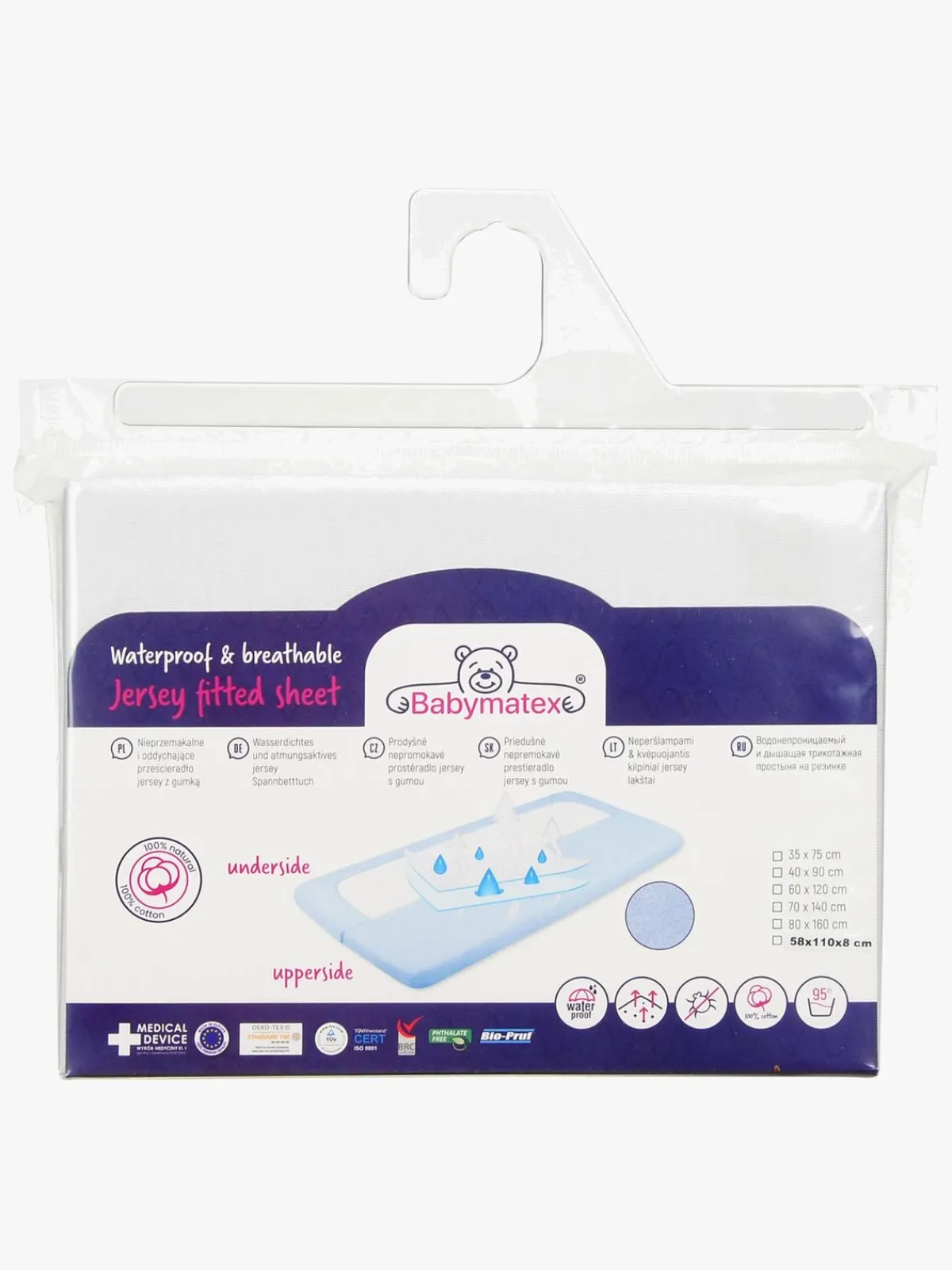 Sengetøj|BabyMatex Hygienic Jersey Vandtæt Stræklagen til Tremmeseng 40 x 90 cm, Hvid