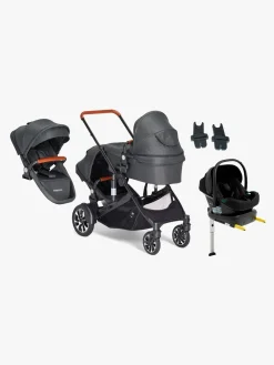 Beemoo Vognpakker-Maxi 4 Twin Søskendevogn inkl. Ekstra Søskendesæde & Route i-Size Autostol Baby & ISOFIX Base, Black/Black Stone