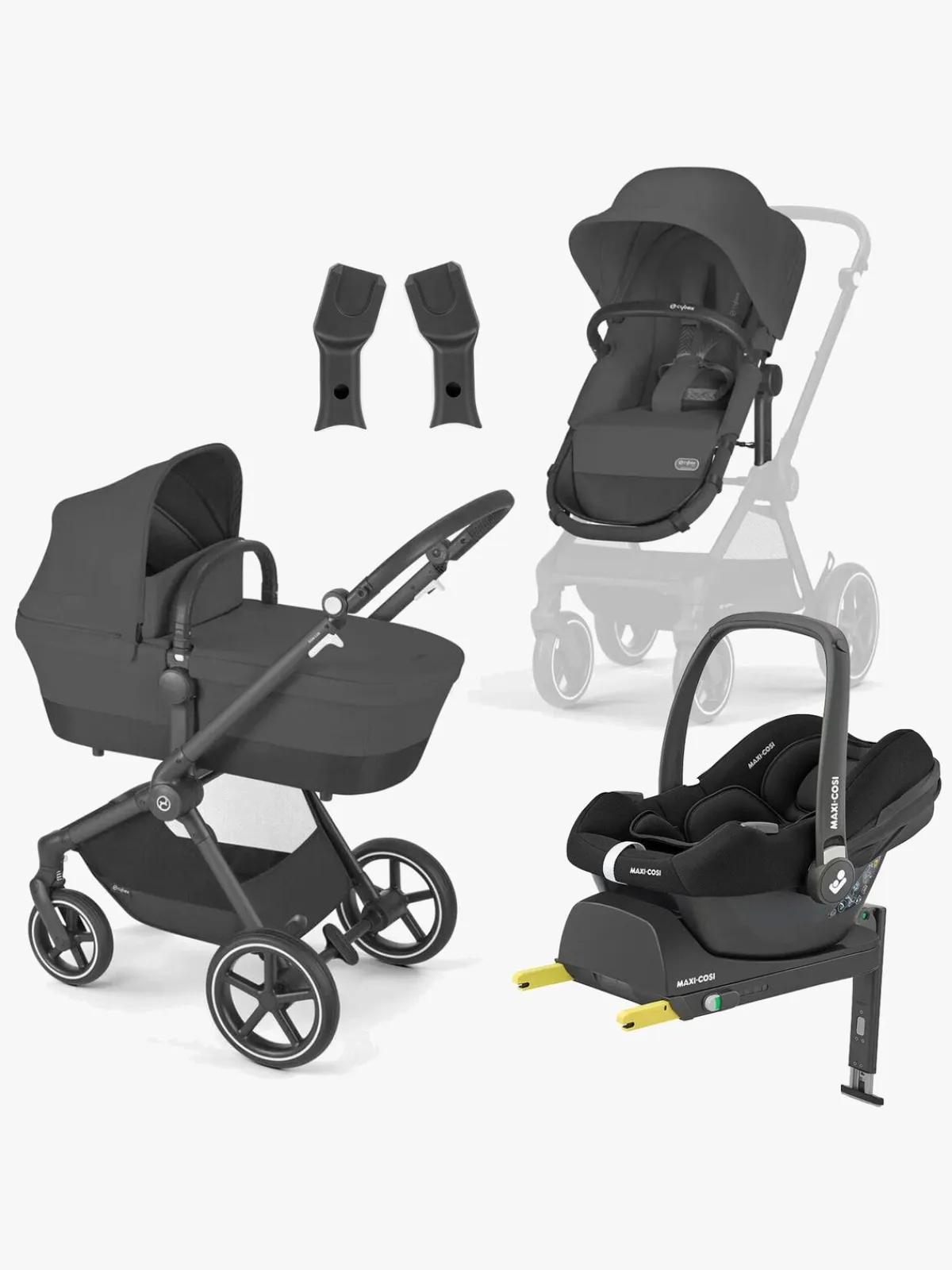 Cybex Vognpakker-EOS Lux Duovogn inkl. Maxi-Cosi CabrioFix i-Size Autostol Baby & Base, Black/Moon Black