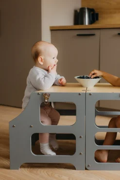 Børnemøbler|DuckWoodworks Duck Woodworks 3-i-1 Sammenklappeligt Læringstårn med Højstol, Grå