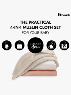 Hauck Stofbleer, Nusseklude & Babytæpper-Cuddle N Clean Tæppe/ Stofble i Musselin 3-pak, Beige Dots/Cork/Beige
