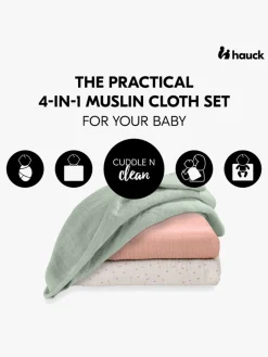 Stofbleer, Nusseklude & Babytæpper|Hauck Cuddle N Clean Tæppe/ Stofble i Musselin 3-pak, Sage/Beige/Dots/Cork Grøn/Lyserød/Beige