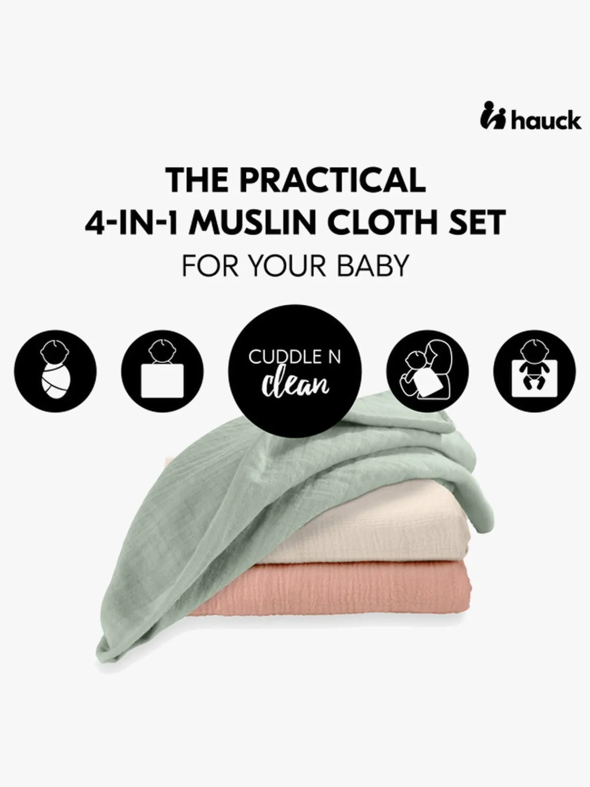 Hauck Stofbleer, Nusseklude & Babytæpper-Cuddle N Clean Tæppe/ Stofble i Musselin 3-pak, Sage/Beige/Cork