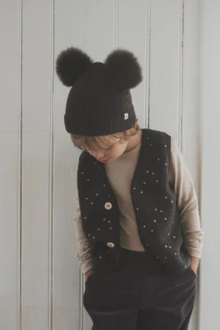 Uldtøj|Tilbehør|Huttelihut Hue Merinould med Pomponer Alpaka, Dark Brown Melange