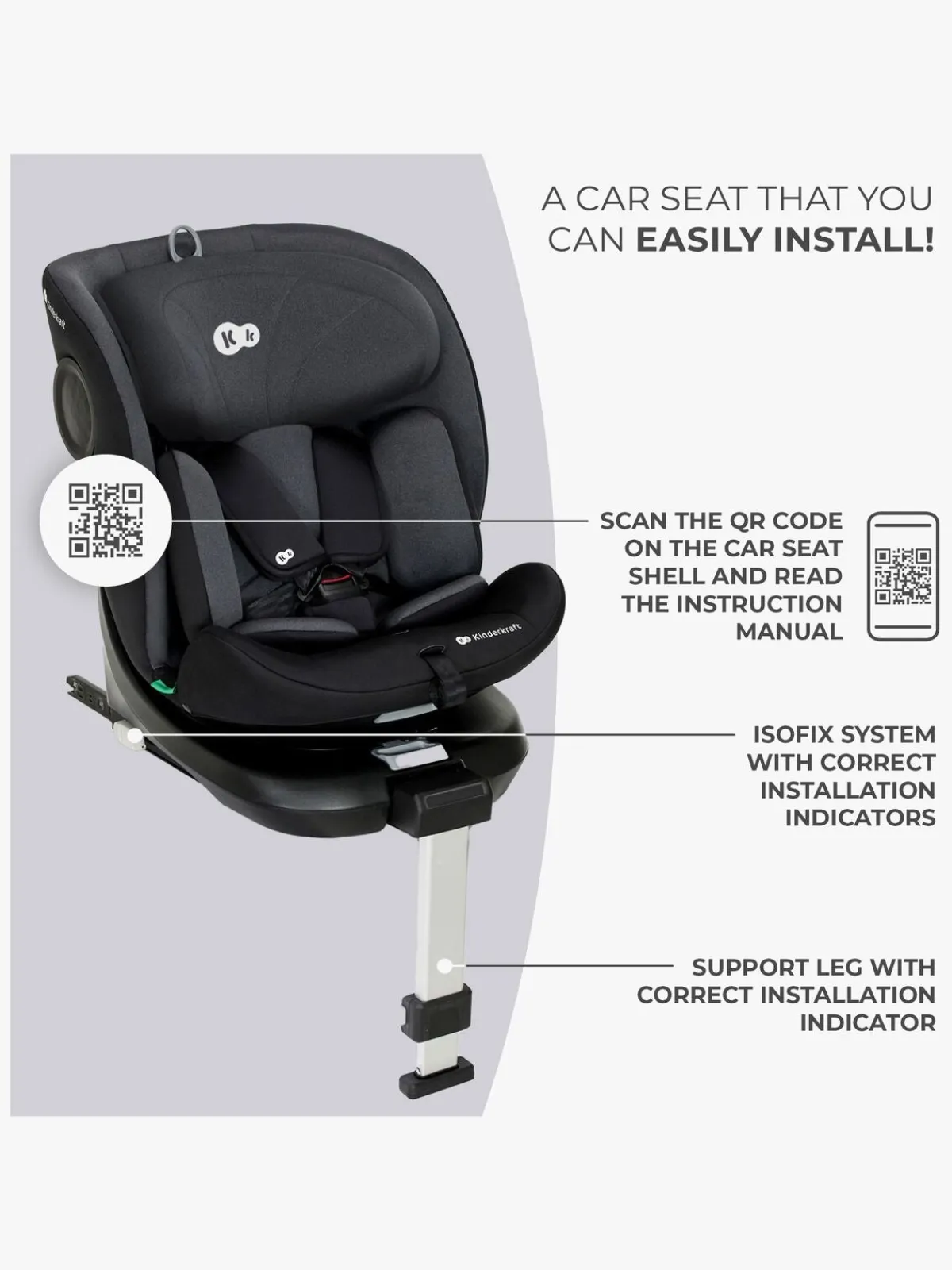 Autostole 9-36 Kg|Kinderkraft I-360 i-Size Autostol, Black Sort