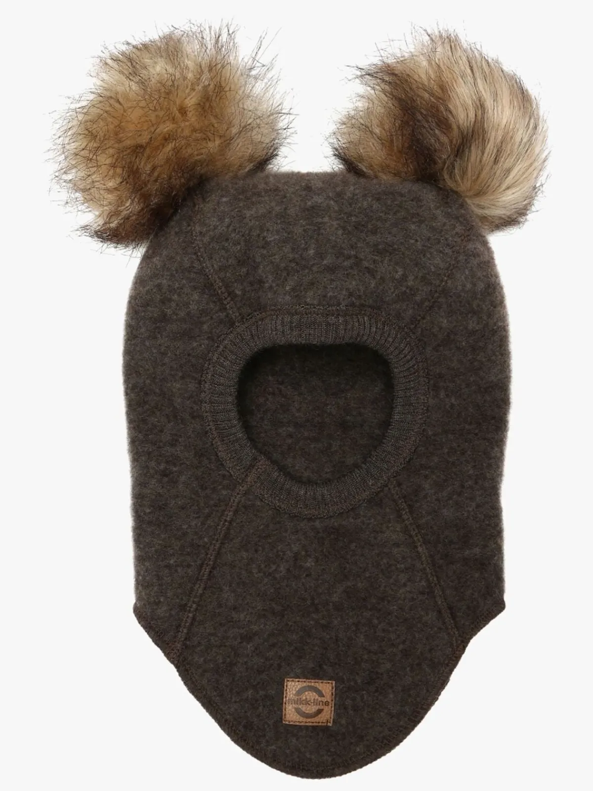 Børn MikkLine Tilbehør|Uldtøj-Mikk-Line Elefanthue Merinould med Pomponer, Dark Brown Melange