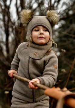 Tilbehør|Uldtøj|MikkLine Mikk-Line Elefanthue Merinould med Pomponer, Melange Denver Brun