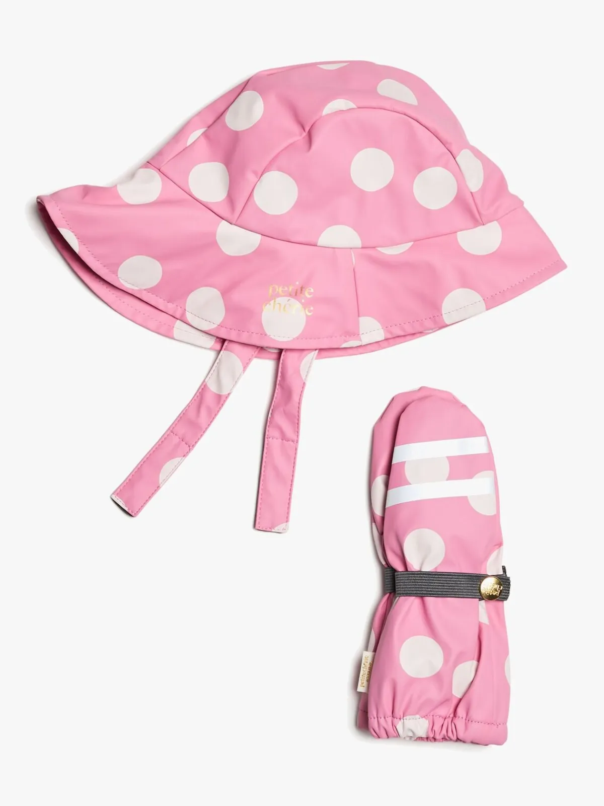 Regntøj|Tilbehør|PetiteCherieAtelier Petite Chérie Atelier Lyon Regnhat & Forede Vanter, Dots Satchet Pink Lyserød/Hvid