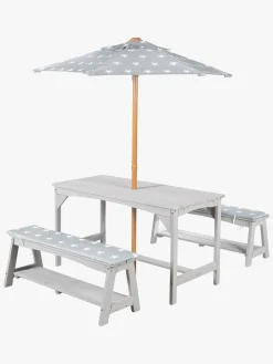 Udemøbler|Roba Børn Picnicbord Set til 4 Deluxe med Parasol & Hynder, Grå