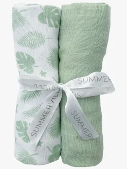 Stofbleer, Nusseklude & Babytæpper|Summerville Organic Tæppe/ Stofble i Musselin 2-pak Øko, Tropical/Green Grøn/Hvid
